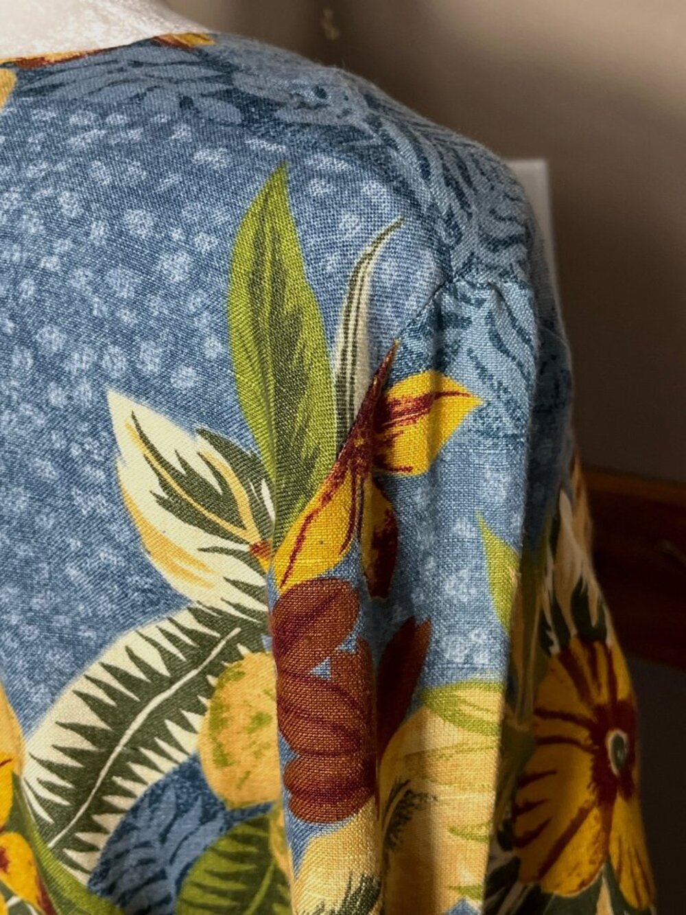 Vtg 80s Dress Linen Blue Tropical Floral Midi Button Artsy Boho Festival Women 6 - Picture 11 of 11